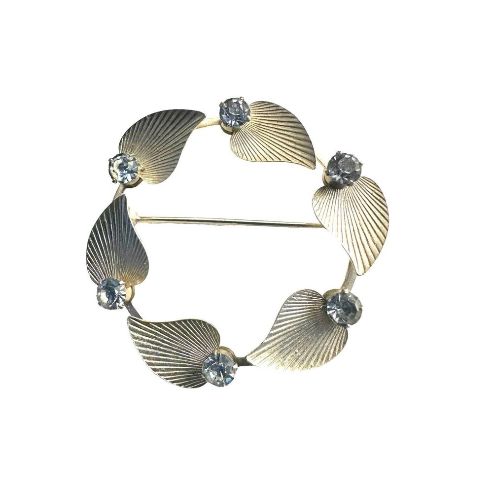 Krementz Leaf Light Blue Aquamarine Stone Silver Classic Circle Vintage Brooch